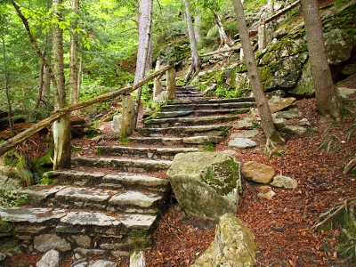 [A wide, curving, stone staircase with a wood post railing set on the hillside.]